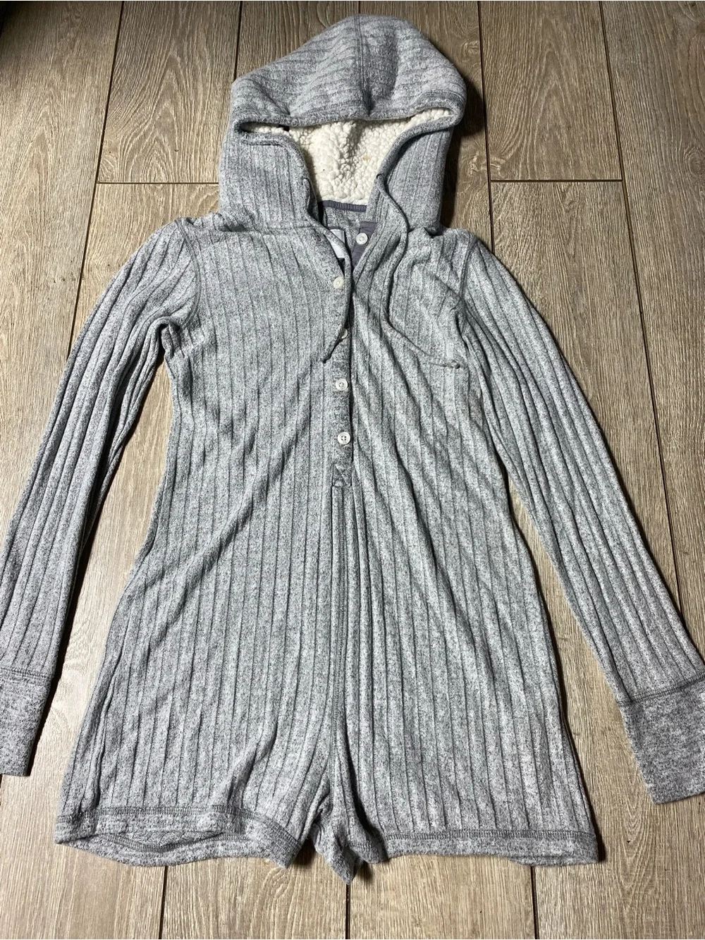 Abercrombie & Fitch A&F Womens Sleepwear Gray Faux Fur Hoodie Pajama Jumpsuit